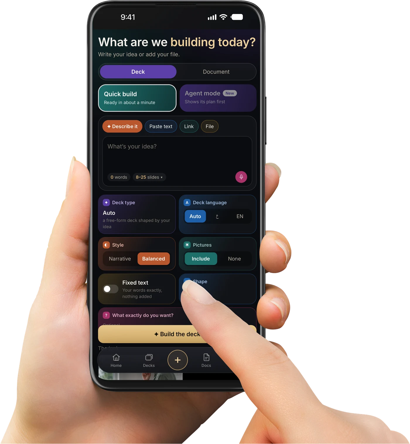 The app's Create screen, a finger typing the idea