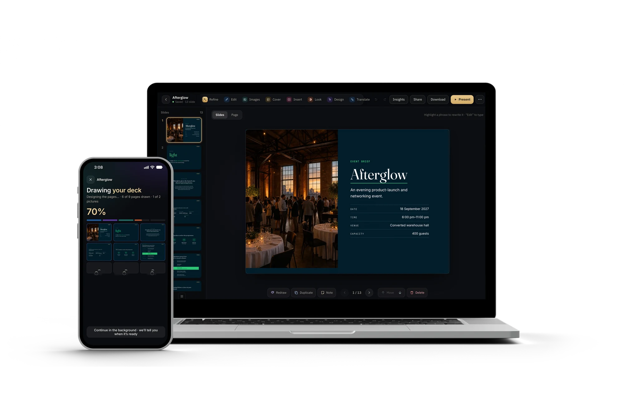 The same deck open in the Decks.Studio editor on a laptop and in the app on an iPhone
